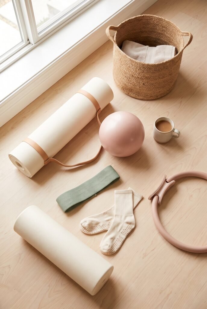 The complete wall pilates equipment set: thick mat, grip socks, 9-inch pilates ball, fabric resistance band, foam roller, and a pilates ring. The whole setup costs under <img loading=