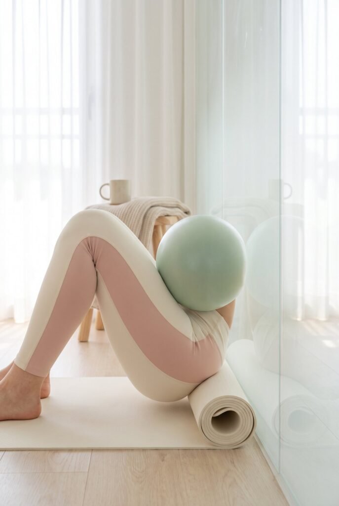 A 9-inch pilates ball adds resistance to wall pilates workouts. Squeeze it between your knees during wall bridges for inner thigh activation, all for under <img loading=