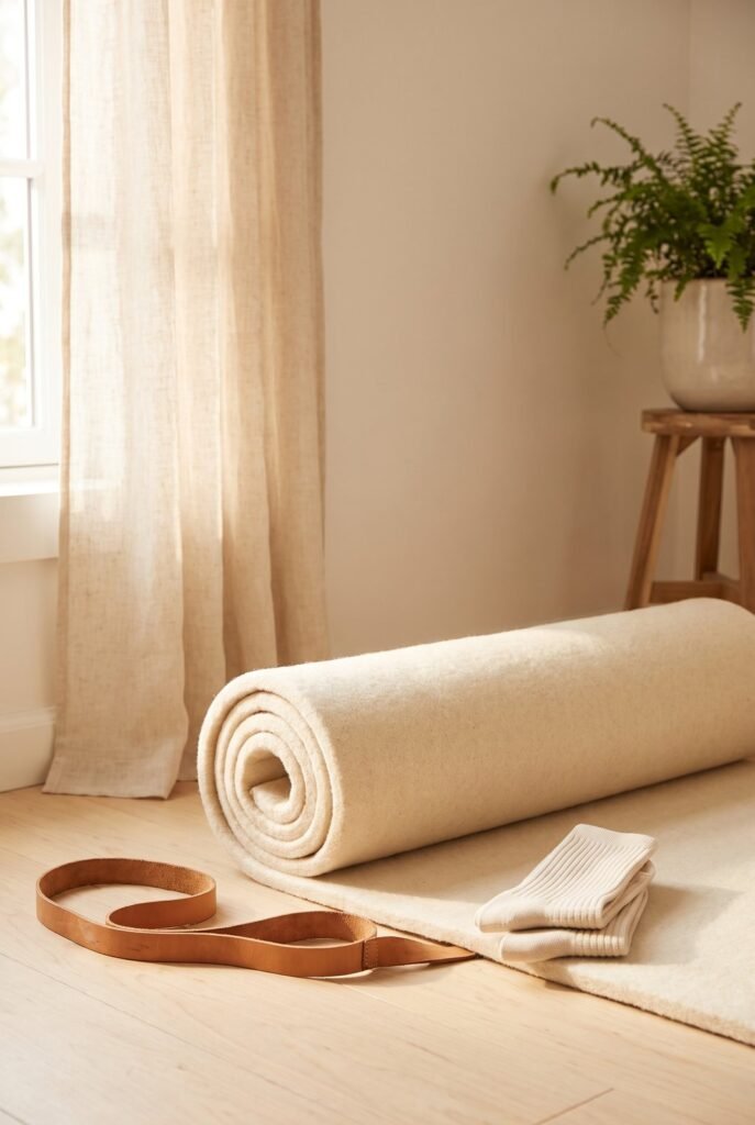 A thick pilates mat is the first wall pilates equipment essential. At least 12mm of cushion protects your spine, hips, and knees during floor work with feet on the wall.