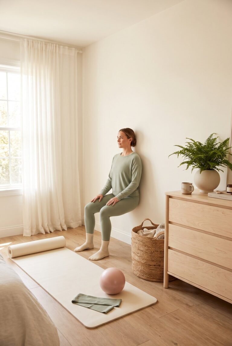 Wall pilates equipment doesn't need a full home gym. A clear wall, a thick cream mat, and a few pastel props turn any bright bedroom corner into a complete wall pilates setup at home.